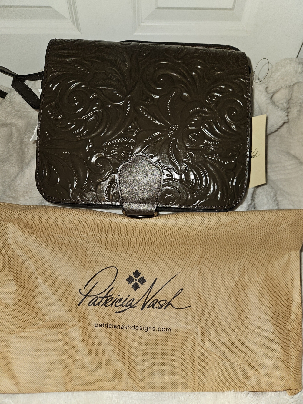 Patricia Nash Dark Brown Floral Tooled Leather Crossbody
